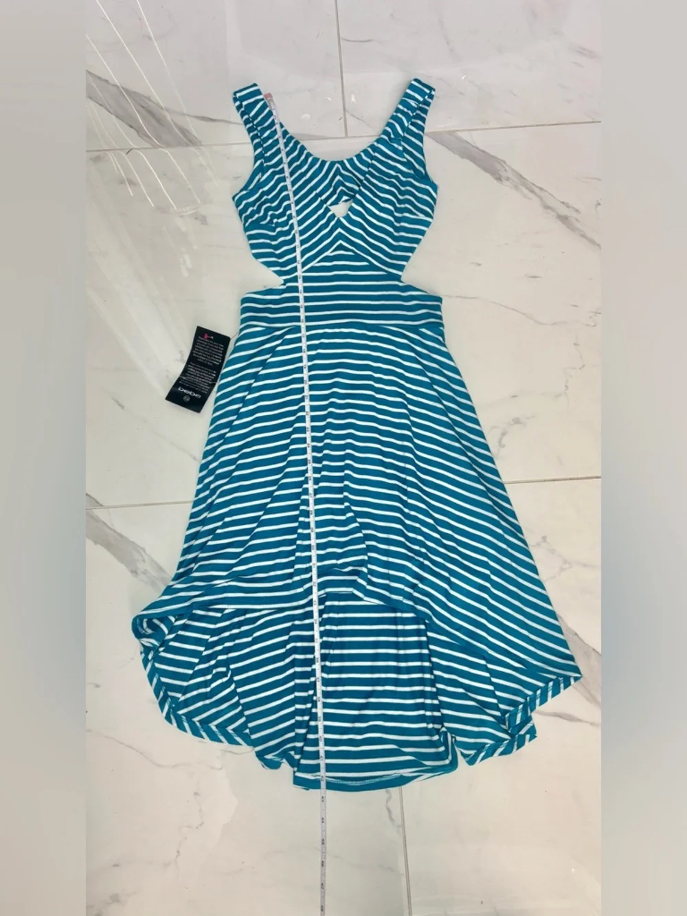 bebe Teal and White Striped High-Low Cutout Dress open back NWT - Picture 13 of 14